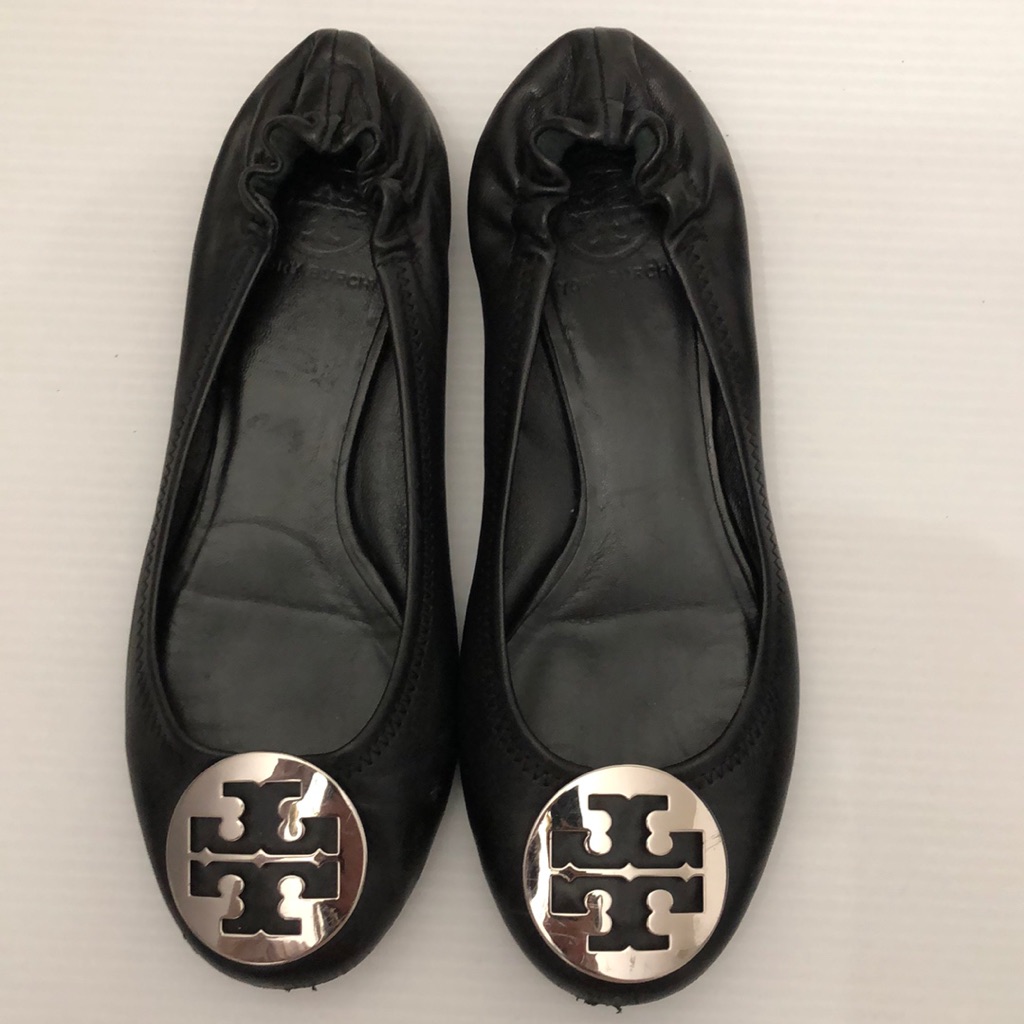 Tory Burch Travel Ballets Flats Leather With Metal Logo Shoe Womens Size 8.5